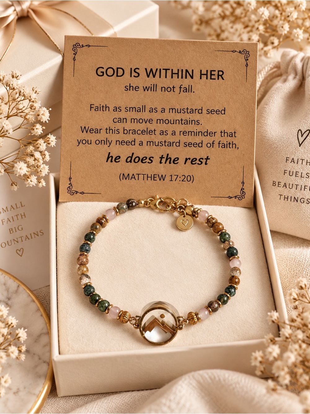 Faith-Inspired Green and Pink Beaded Bracelet with Gold Accent